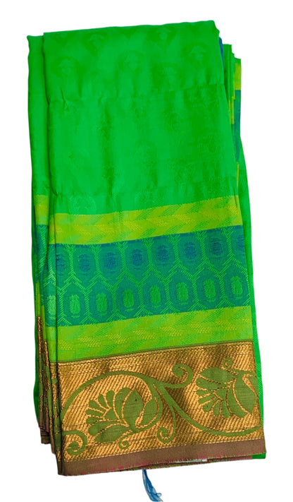 Synthetic Cotton Saree Light Green Shade with Golden Border and Floral Design