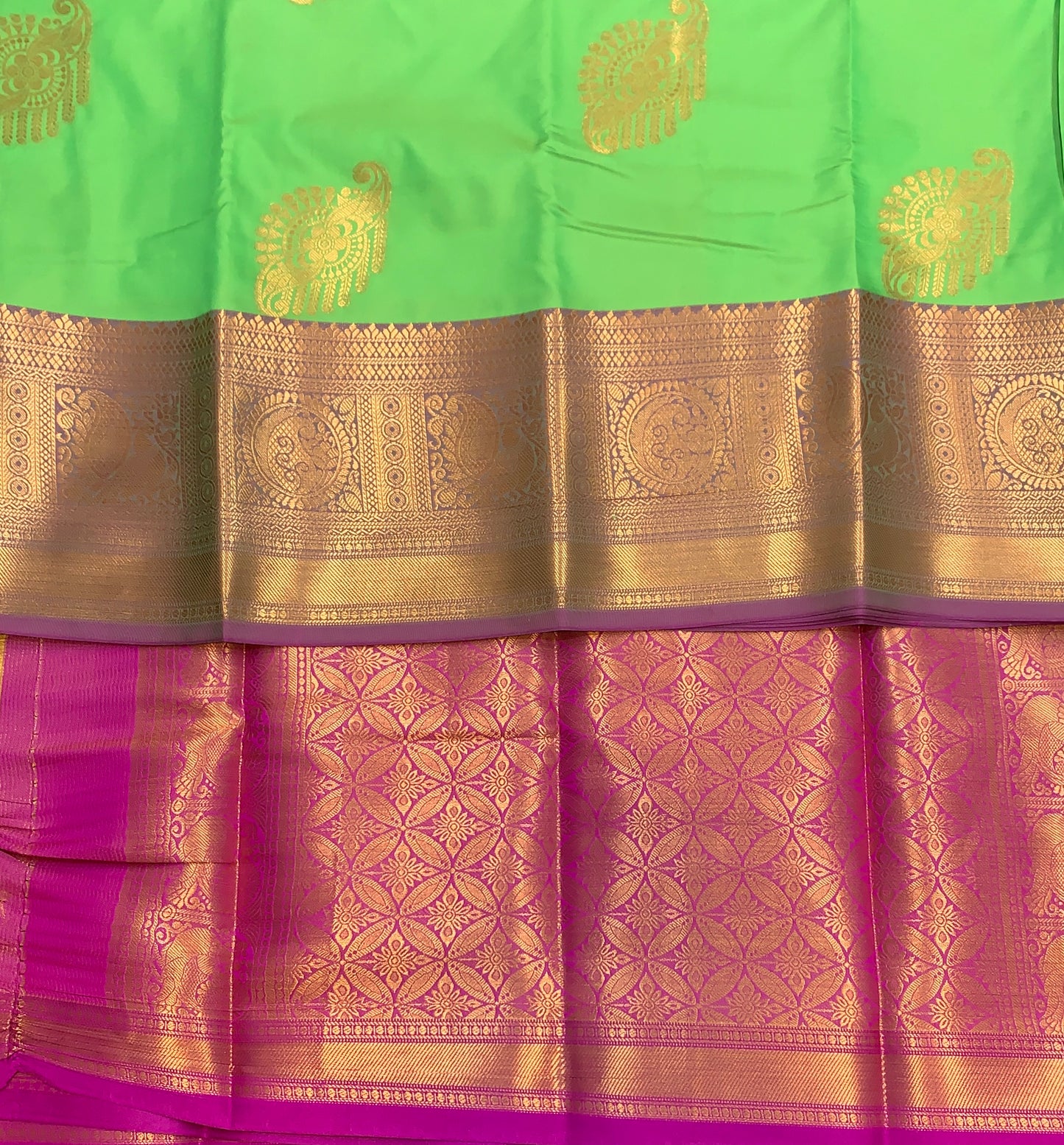 Soft Silk Casual Saree Apple Green Colour with Pink and Golden Colour Border