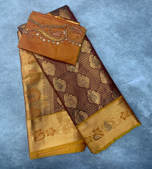 Bridal Vegan Silk Saree Brown shade with Golden Yellow Border with Unstitched blouse in Aari Work