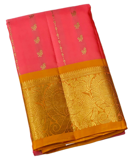 Pure Kanchipuram Silk Baby Pink Colour with Golden Yellow Border