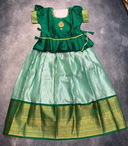 Ready To Wear Pastel Green Colour Pavadai with Contrast Green Colour Blouse