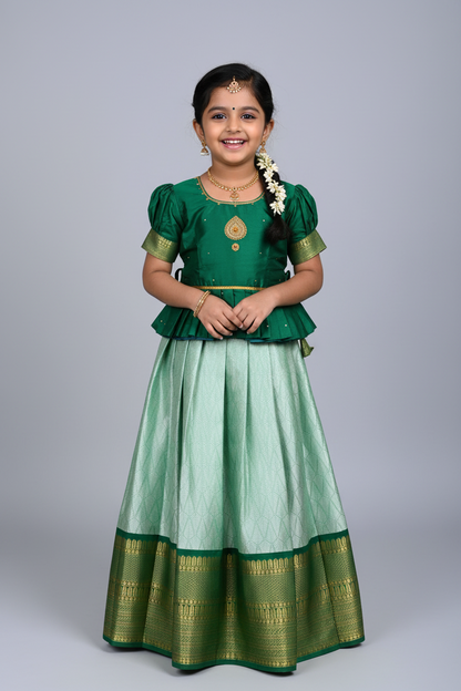 Ready To Wear Pastel Green Colour Pavadai with Contrast Green Colour Blouse