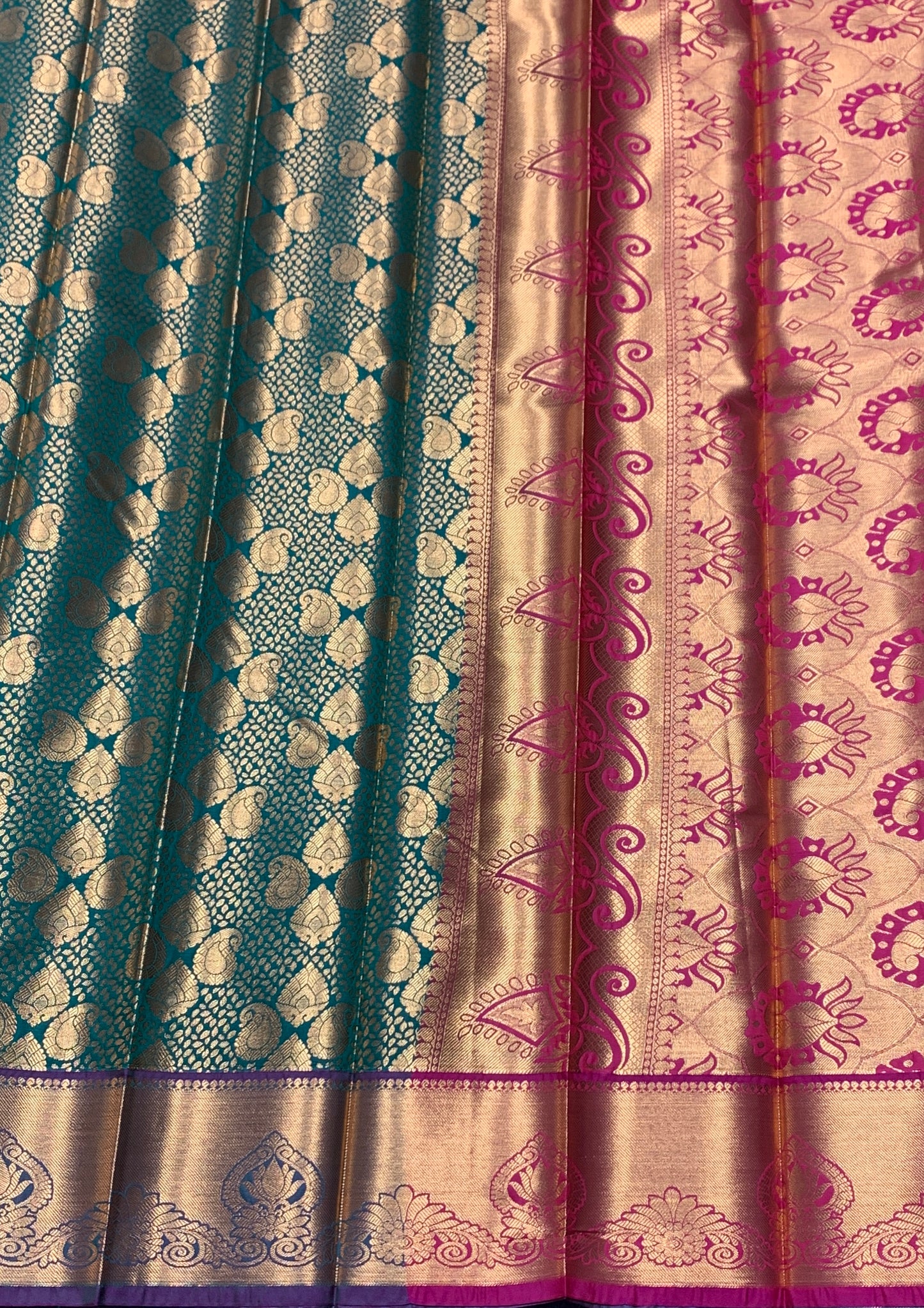 Vegan Silk Saree Green Colour with Pink and Copper Border