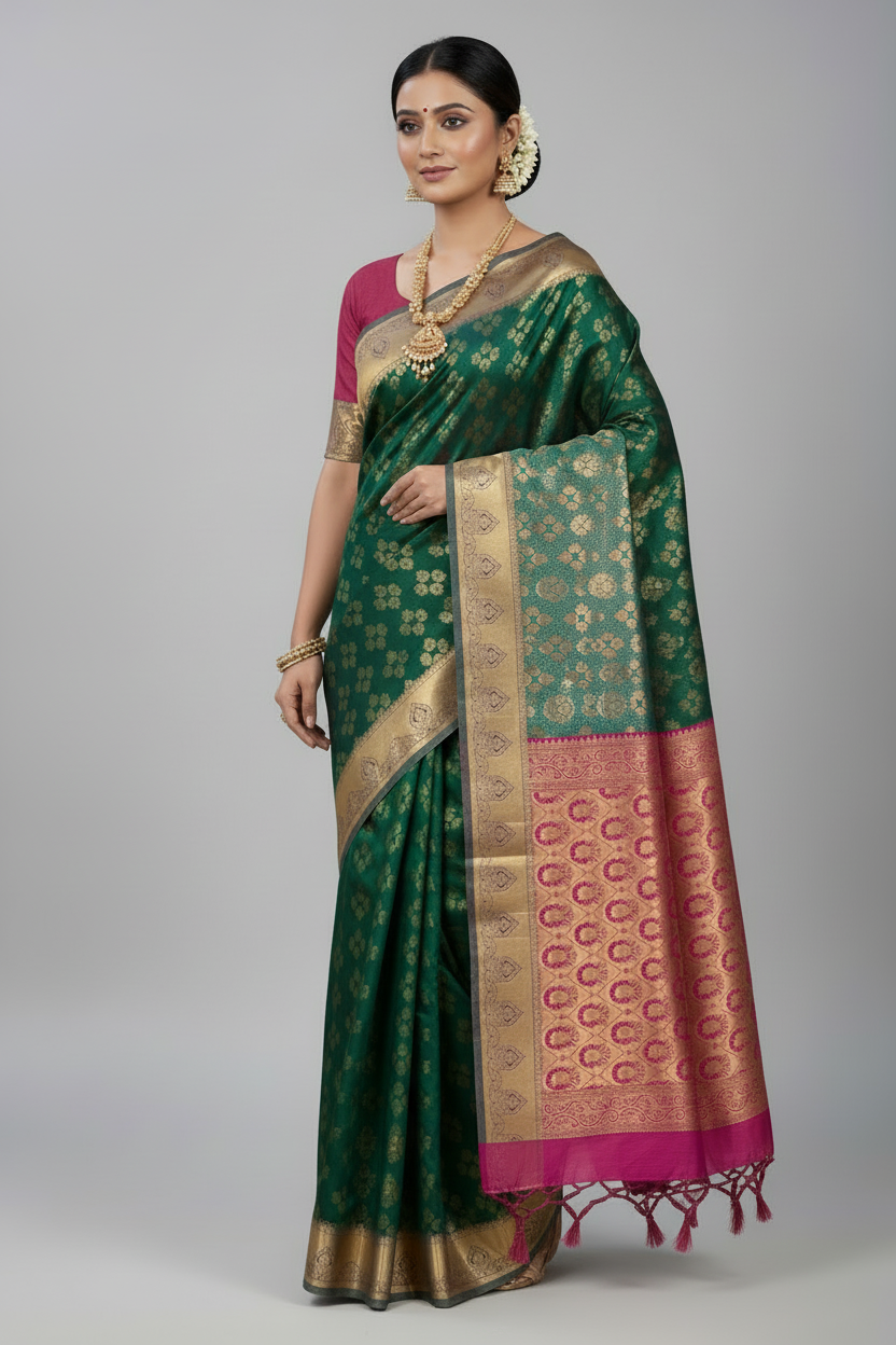 Vegan Silk Saree Green Colour with Pink and Copper Border