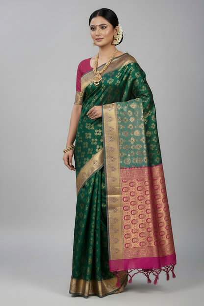 Vegan Silk Saree Green Colour with Pink and Copper Border