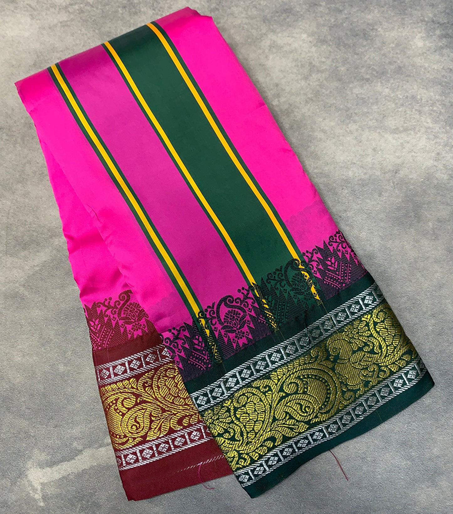Art Silk Dhothi 9X5 Pink Colour with Green and Maroon Colour Ganga Jamuna Border