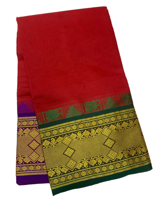 9X5 Cotton Dhoti Red Colour with Green and Blue Border