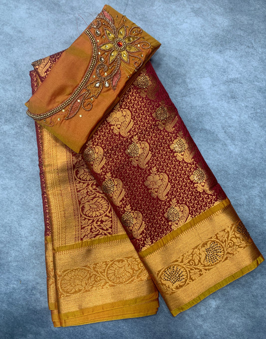 Bridal Vegan Silk Saree Maroon shade with Golden Yellow Border with Unstitched blouse in Aari Work