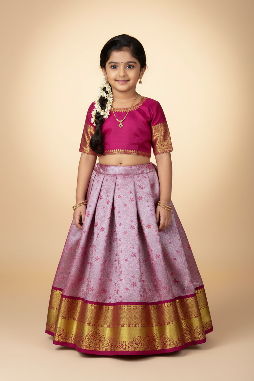 Baby Pink Shade Vegan Silk Kids Pattu Pavadai with Contrast Border for age 2 to 5