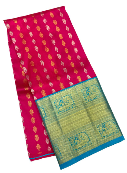 Pink shade Pure Kanchipuram Kids Pattu Pavadai with Contrast border for age 5 to 10