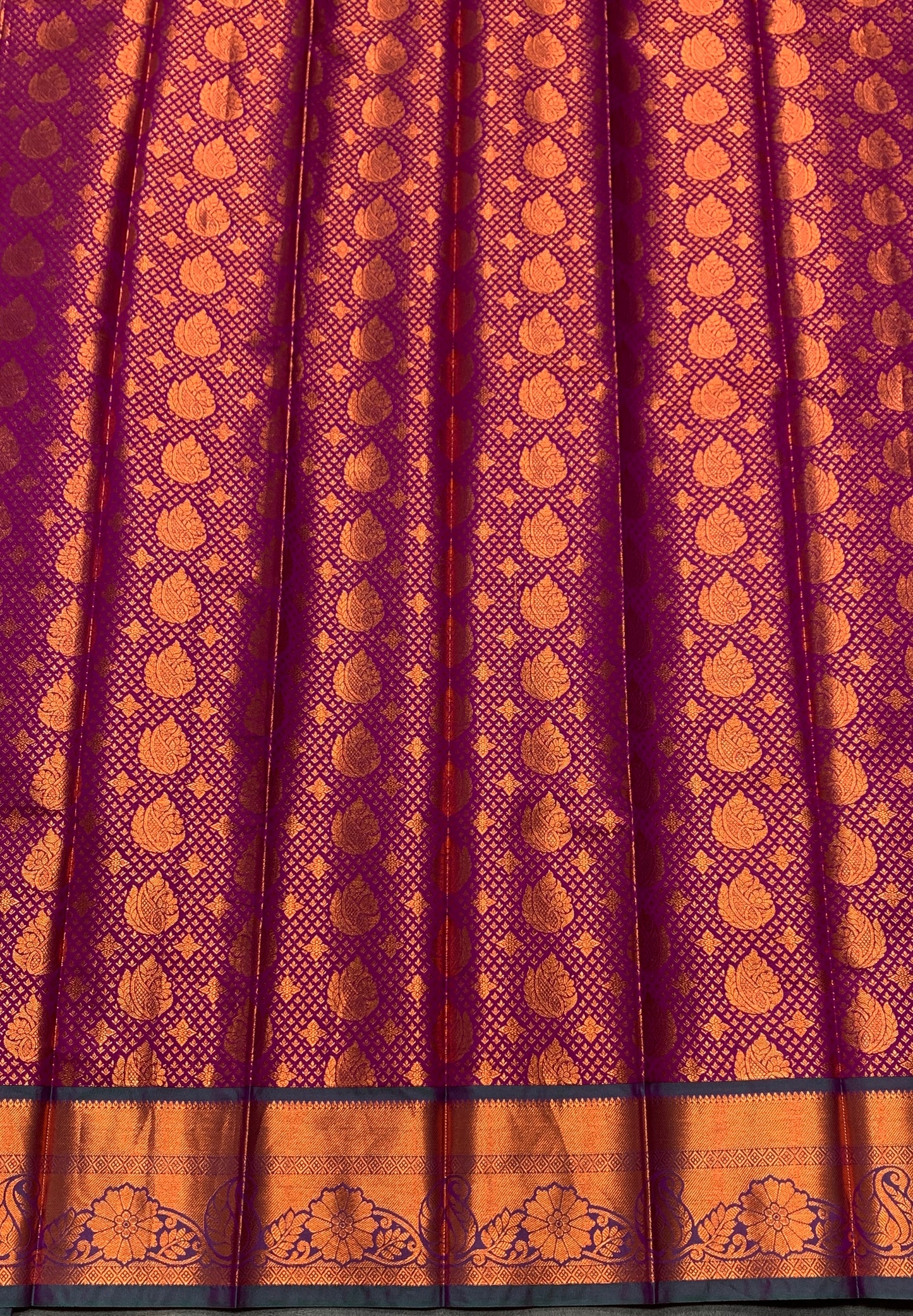 Vegan Silk Saree Magenta Colour with Green and Copper Border