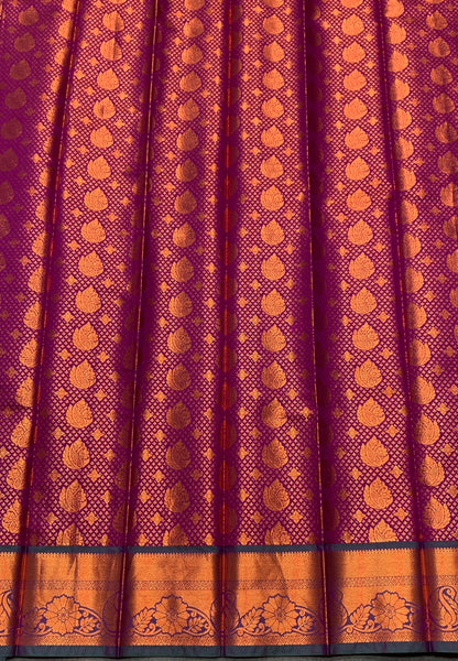 Vegan Silk Saree Magenta Colour with Green and Copper Border