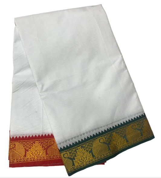 9X5 Cotton Dhoti White Green and Red Zari Border with Angavastram
