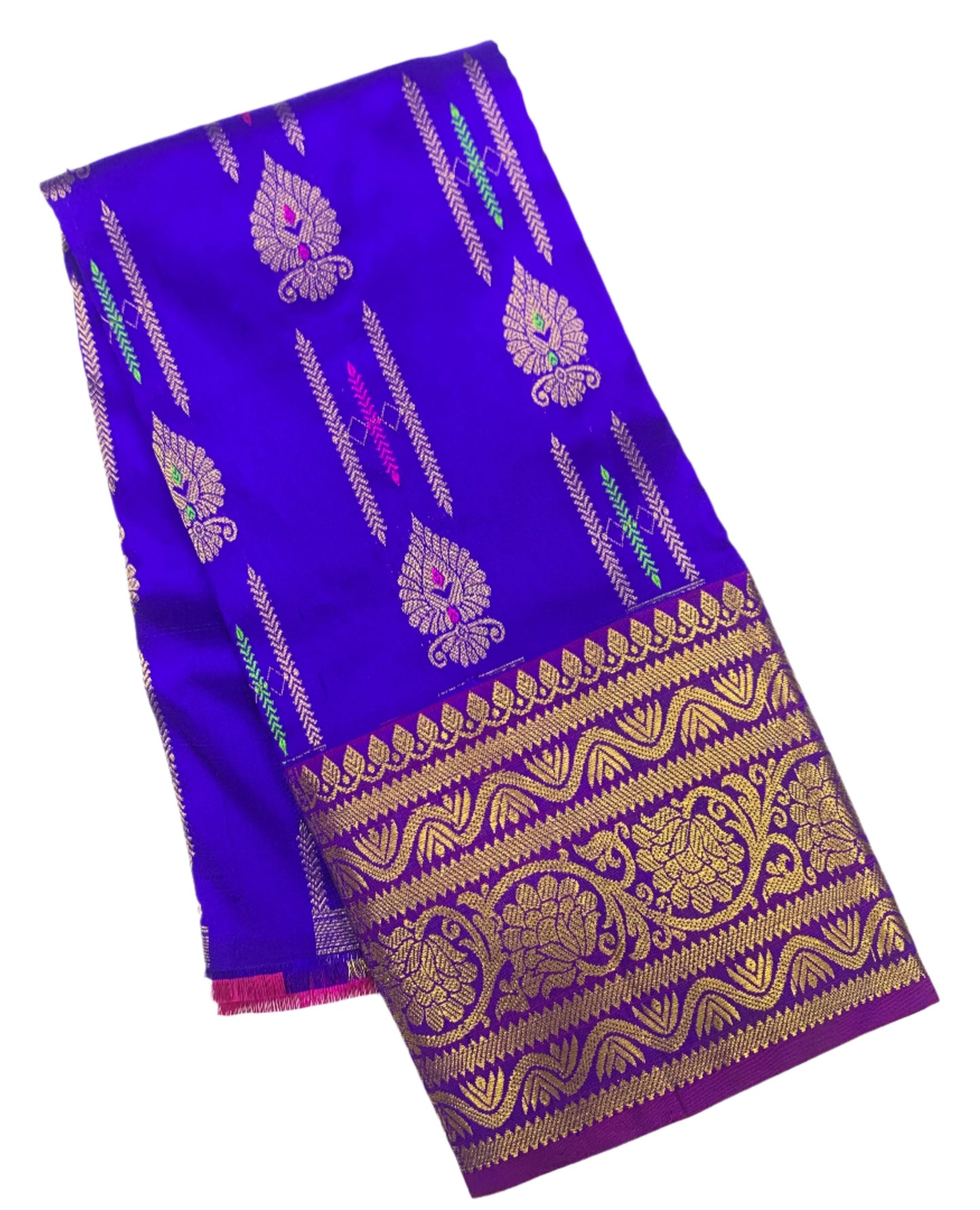 Blue shade Pure kanchipuram Kids Pattu Pavadai with contrast border for newborn to 2 Years