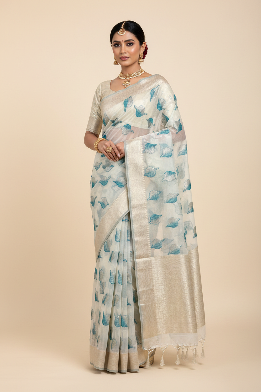 Banaras Katan Saree Off White Colour with Katan Work Border