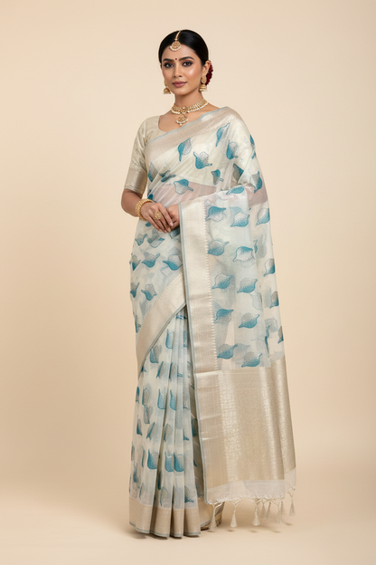 Banaras Katan Saree Off White Colour with Katan Work Border