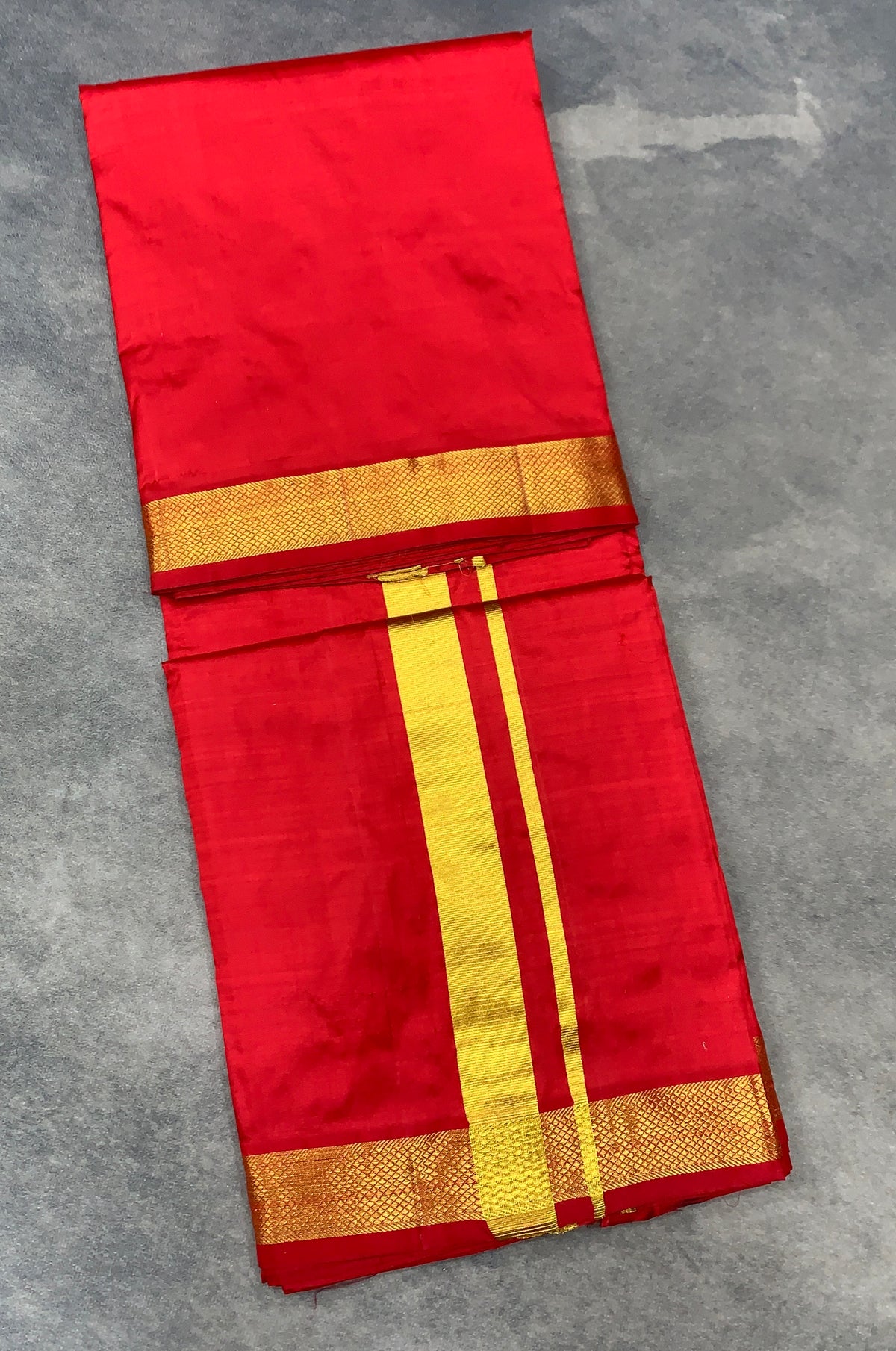 9X5 Pure Silk Dhoti Red Colour with Medium Golden Zari Border