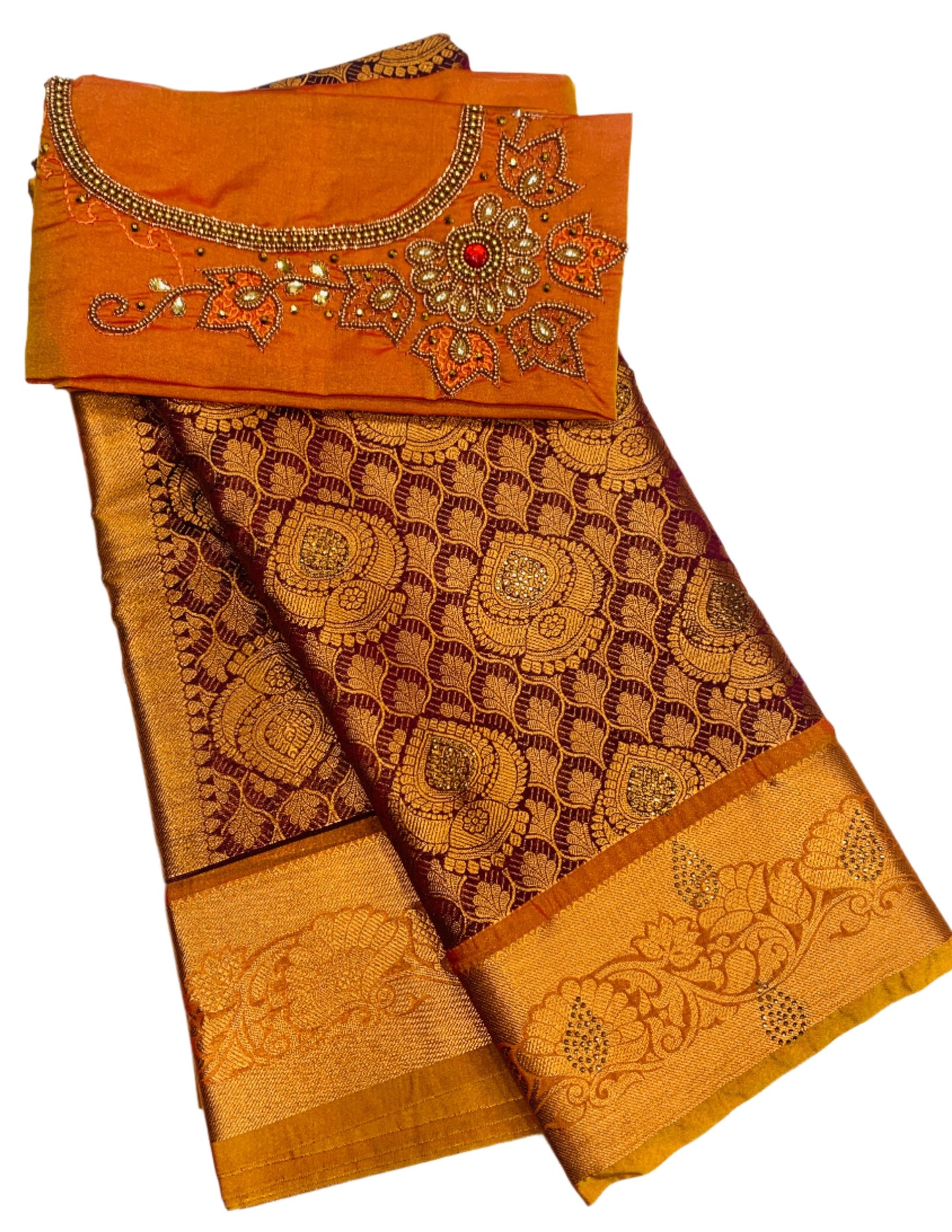 Bridal Vegan Silk Saree Brown shade with Mustard Border with Unstitched blouse in Aari work