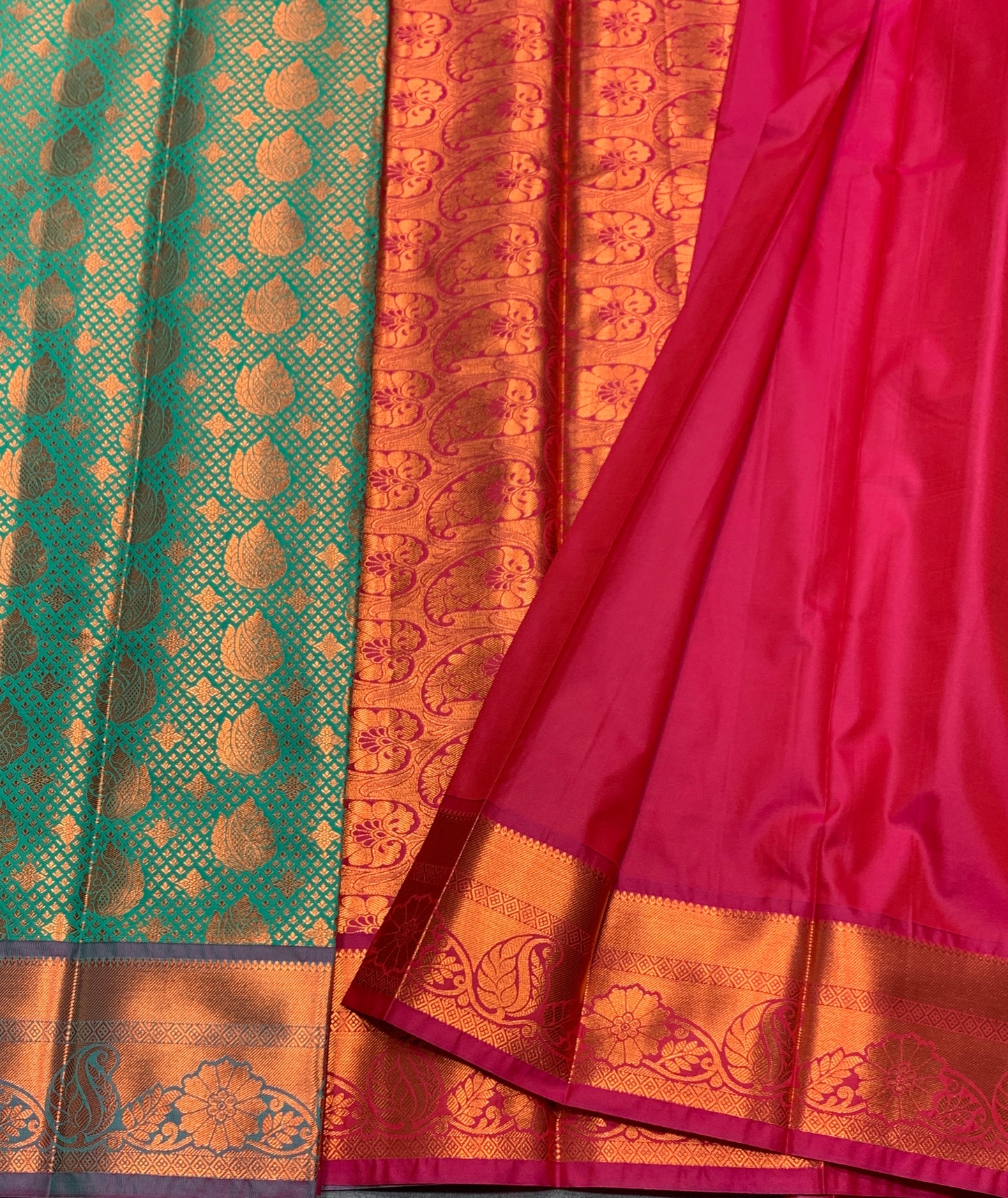 Vegan Silk Saree Light Green Colour with Pink and Copper Border