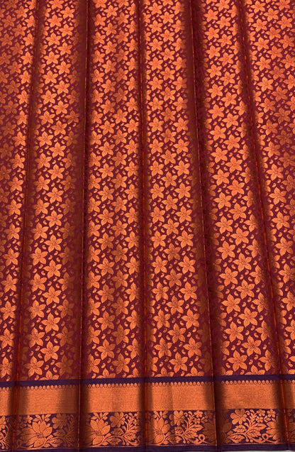 Vegan Silk Saree Maroon Colour with Copper and Blue Border