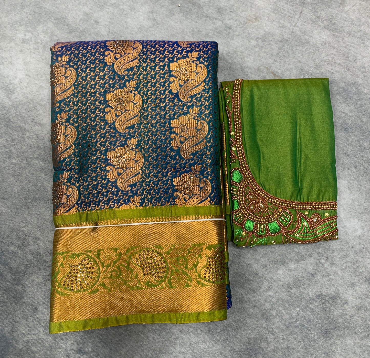 Bridal Vegan Silk Saree Rama Green shade with Light Green Border with Unstitched blouse in Aari Work