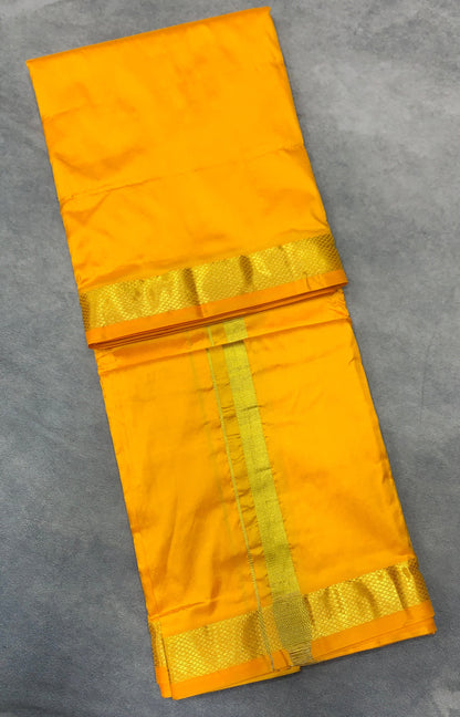 9X5 Pure Silk Yellow Colour Dhoti with Golden Zari Border