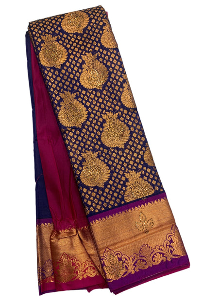 Vegan Silk Saree Blue Colour with Copper and Magenta Border