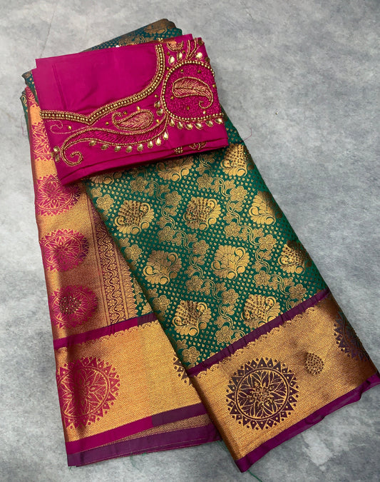 Bridal Vegan Silk Saree Peacock Green shade with Pink Border with Unstitched blouse in Aari Work