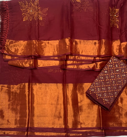 Embroidery Work Saree Maroon Colour with Copper  border