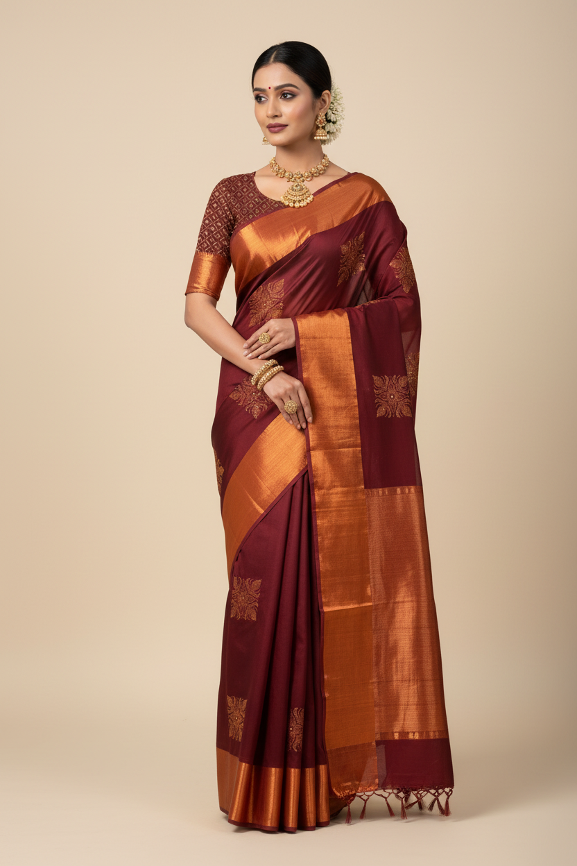 Embroidery Work Saree Maroon Colour with Copper  border
