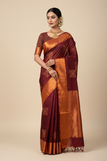 Embroidery Work Saree Maroon Colour with Copper  border