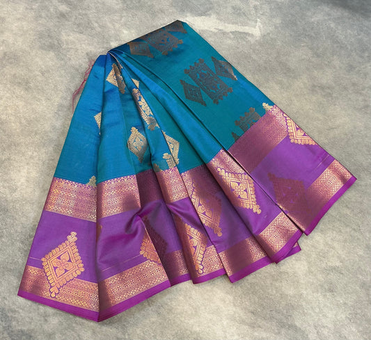 Soft Silk Casual Saree Peacock Green with Rettai Pettu Magenta Colour Border