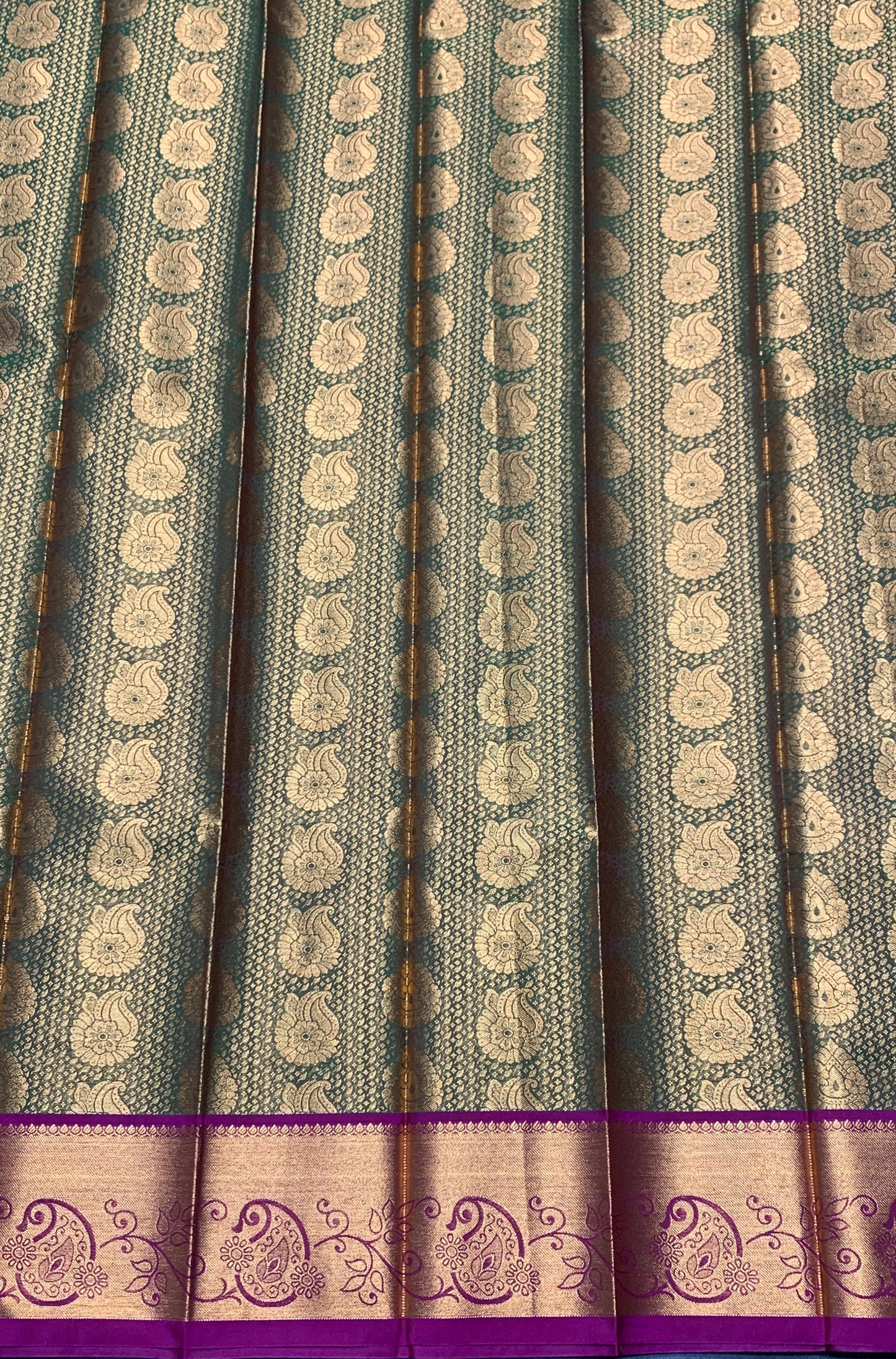 Vegan Silk Saree Olive Green Colour with Pink and Copper Border