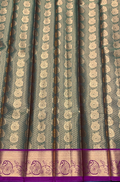 Vegan Silk Saree Olive Green Colour with Pink and Copper Border