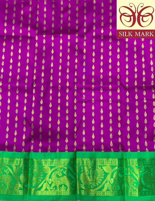 Magenta Shade Pure kanchipuram Kids Pattu Pavadai with Contrast border for Newborn to 2 Years