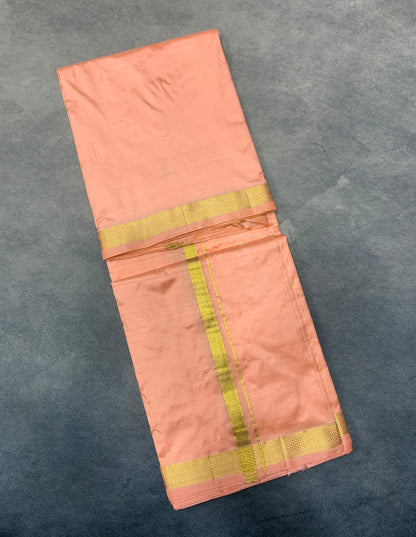 9X5 Pure Silk Dhoti Peach Colour with Small Golden Zari Border