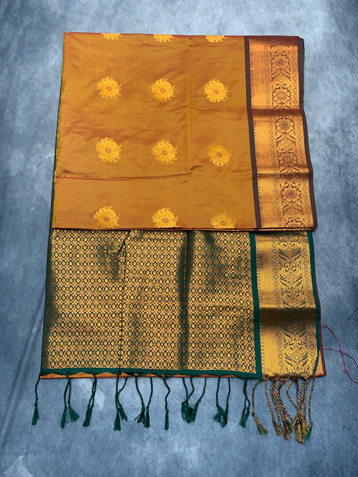 Soft Vegan Silk Saree Russet Colour with Green and Copper Border