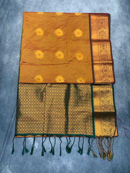 Soft Vegan Silk Saree Russet Colour with Green and Copper Border