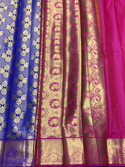 Vegan Silk Saree Blue Colour with Copper and Magenta Border