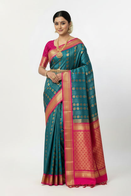 Vegan Silk Saree Peacock Blue Colour Saree with Pink Colour Contrast Border
