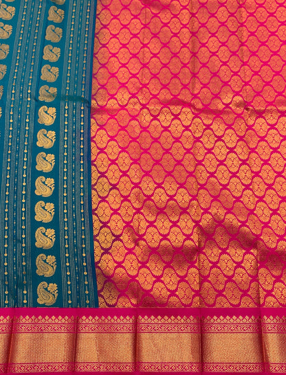 Vegan Silk Saree Peacock Blue Colour Saree with Pink Colour Contrast Border