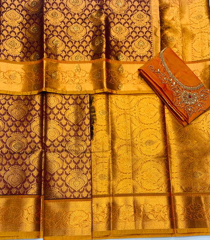 Bridal Vegan Silk Saree Brown shade with Mustard Border with Unstitched blouse in Aari work