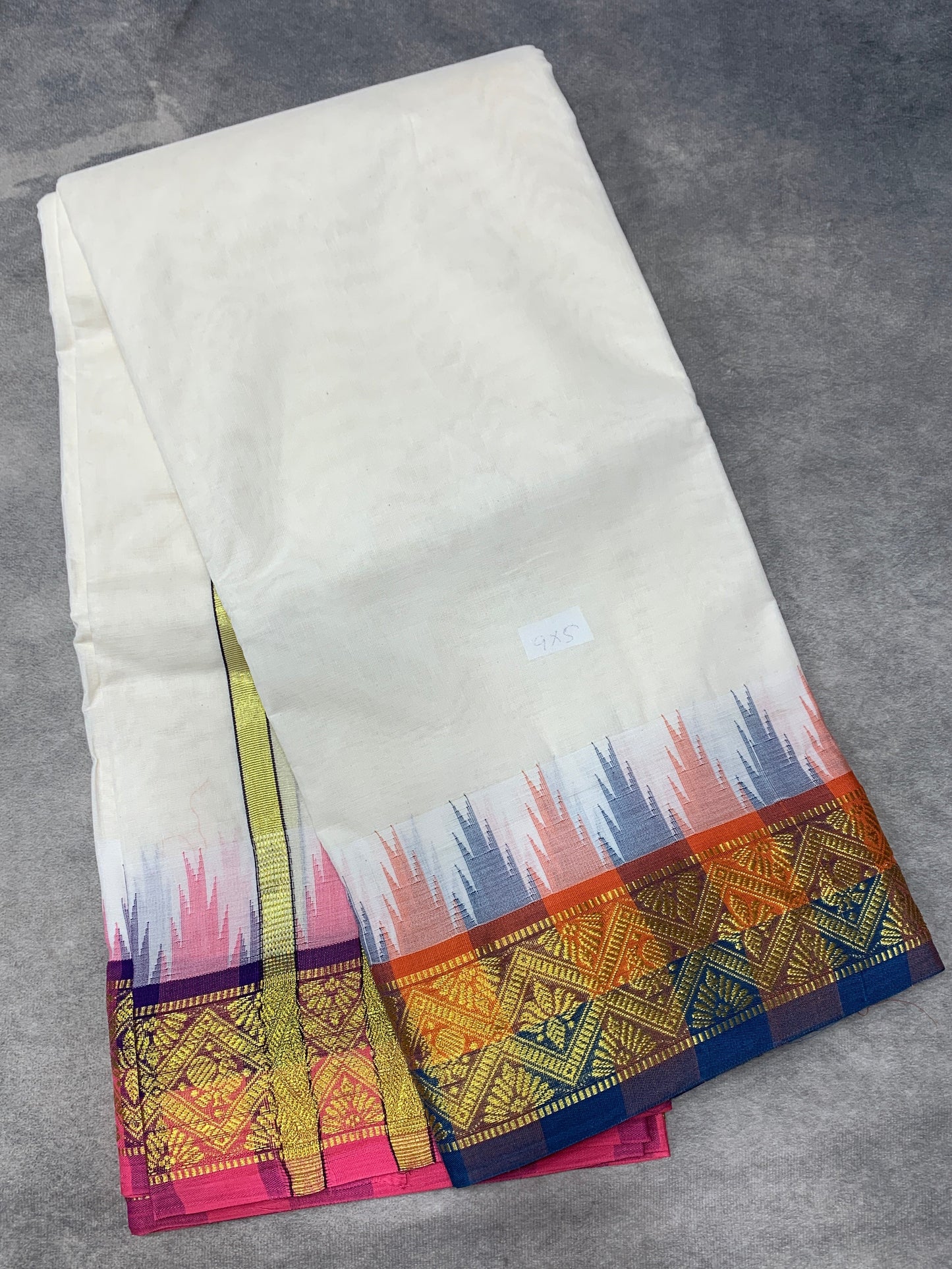 9X5 Korvai Cotton Dhoti Half White Colour with Orange and Blue Border