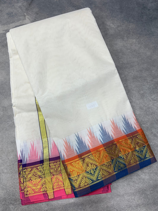 9X5 Korvai Cotton Dhoti Half White Colour with Orange and Blue Border