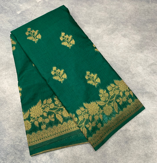 Kora Silk Saree Green Colour with Flower Design Border