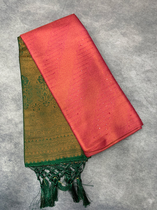 Soft Silk Saree Light Pink Colour and Stone Work with Green Colour Pallu