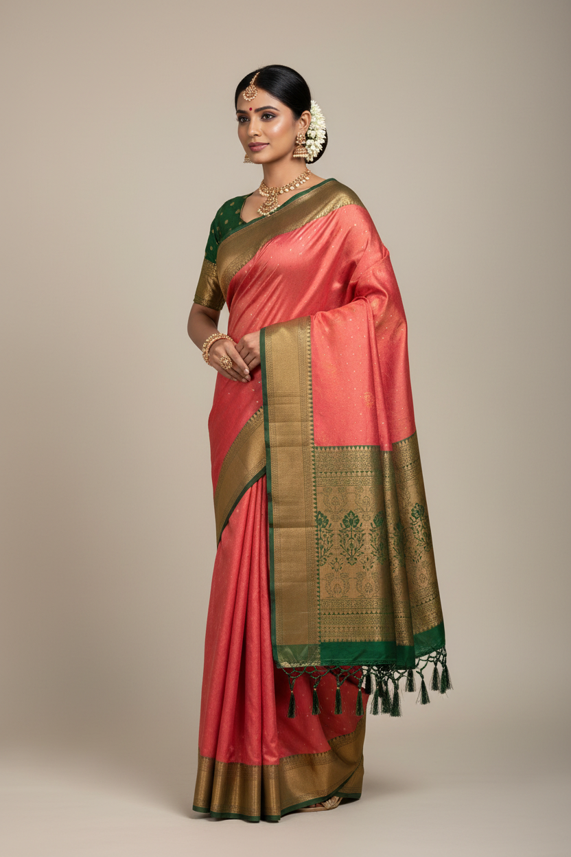 Soft Silk Saree Light Pink Colour with Green Colour Pallu