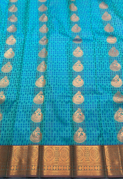 Vegan Silk Saree Sapphire Colour with Golden Floral Border