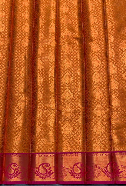 Vegan Silk Saree Golden Yellow Colour with Pink and Copper Border