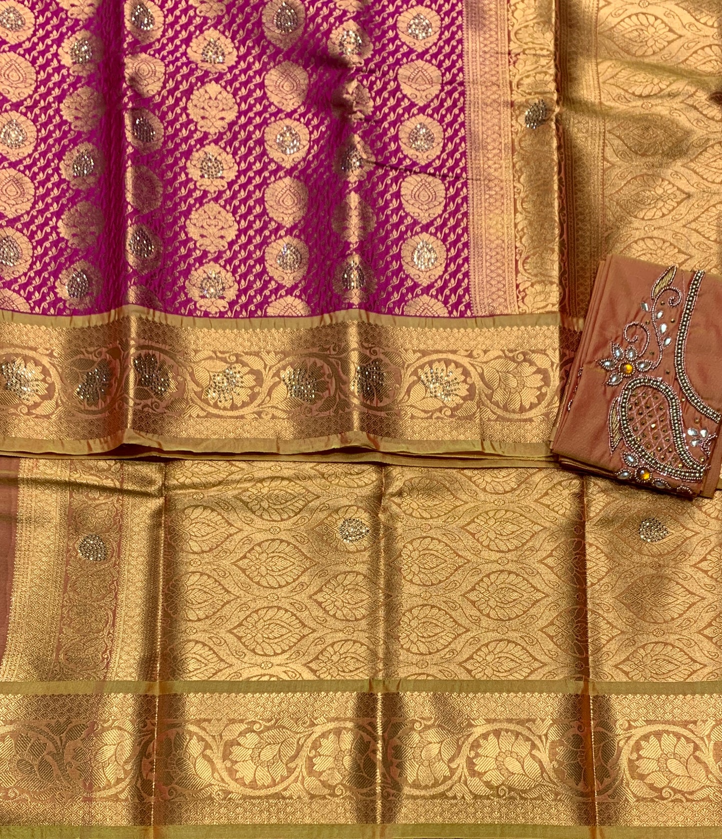 Bridal Vegan Silk Saree Pink shade with Golden Yellow Border with Unstitched blouse in Aari Work